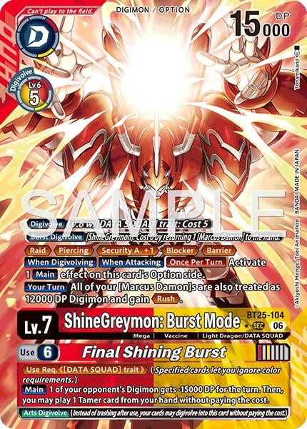digimon card game shinegreymon ShineGreymon: Burst Mode // Final Shining Burst — Alternate Art — BT25-104  SEC – Spindown