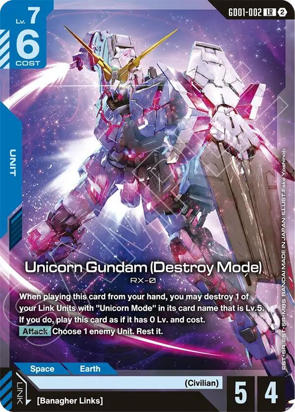 Image for Unicorn Gundam (Destroy Mode) [GD01-002] (SC01) - Gundam Card Game