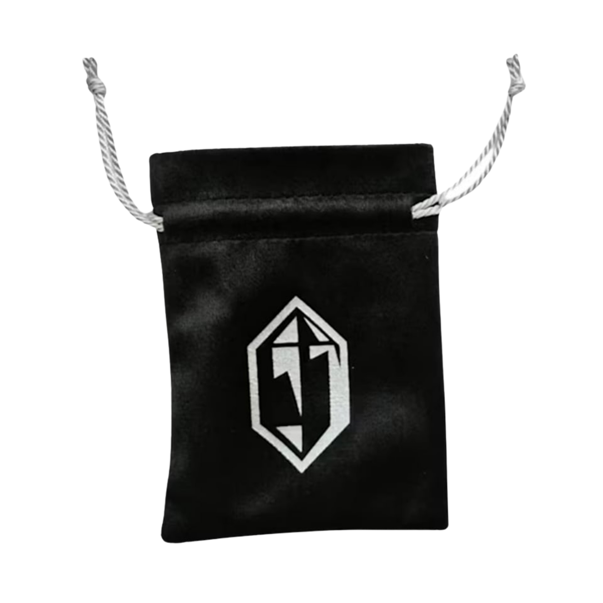 Black drawstring pouch with a white logo on a white background